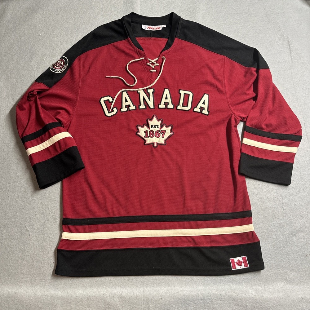 Teepee Sports Canada Hockey Jersey Red Black Lace Up V-Neck Embroidered Mens M